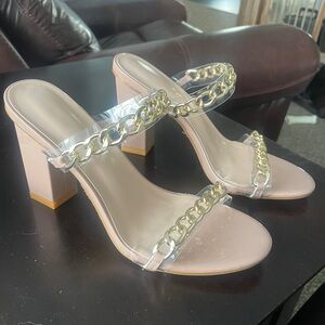 Nude Block Heels with Clear Chain Strap